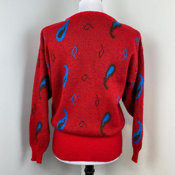Diane Von Furstenberg Vintage 80s Red Wool Balloon Sleeve Paisley Sweater Small - Picture 5 of 7